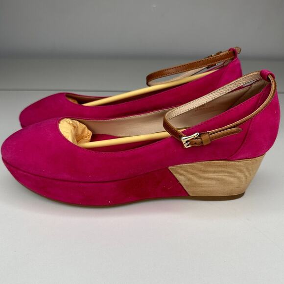 Tod's Deep Pink Suede Ankle Strap Ballerina Style Round Toe Wedge Shoes 38 / 8 - Picture 6 of 13
